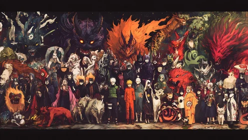 Panoramic lineup of stylized shinobi and tailed beasts in dense anime tableau