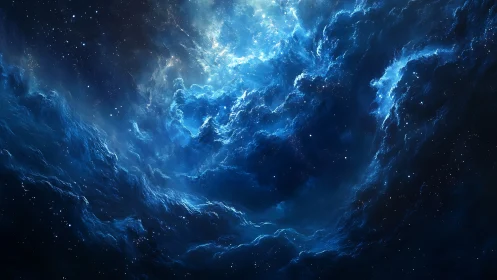 Blue nebula cloudscape swirls around bright central light