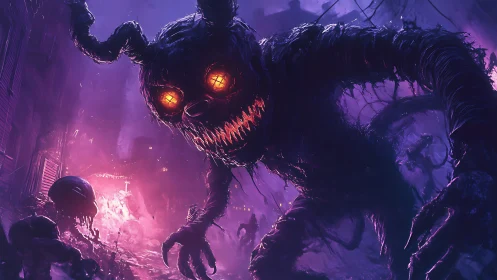 Luminescent void-creature stalking a neon-corrupted alleyway.