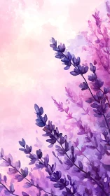 Purple Lavender Field Watercolor. Abstract floral landscape rendered through translucent washes and 