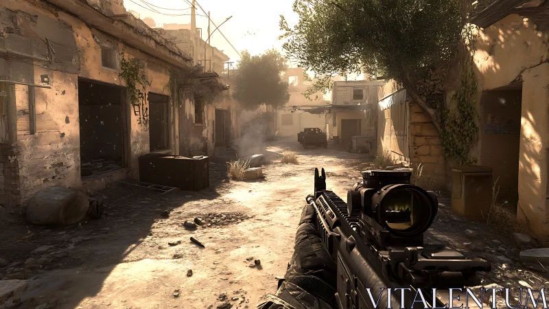 Sunlit alleyway frames tense first person combat moment