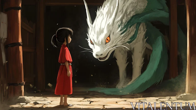 Anime fantasy standoff with girl and dragon spirit in doorway.
