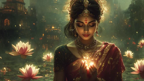 Mythic river goddess with luminous lotus energy core.