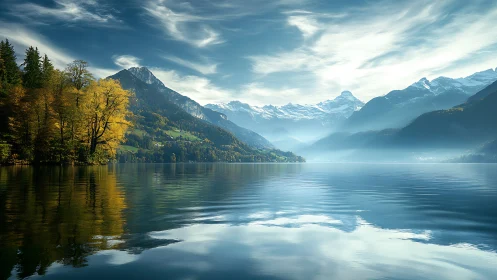 Alpine lake mirror cradles golden forest under drifting skies.