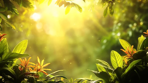 Backlit tropical foliage with golden sunlit bokeh haze