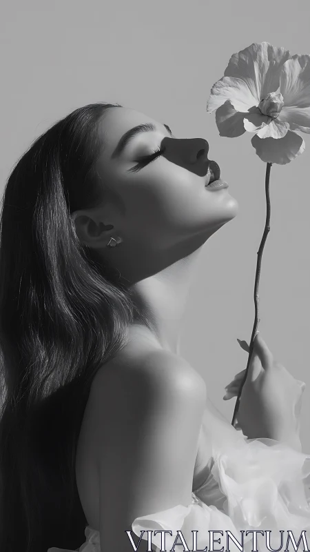 Side profile female figure with single flower stem held upright.