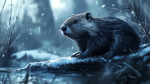 Gentle beaver resting on a snowy log in moonlit stillness.