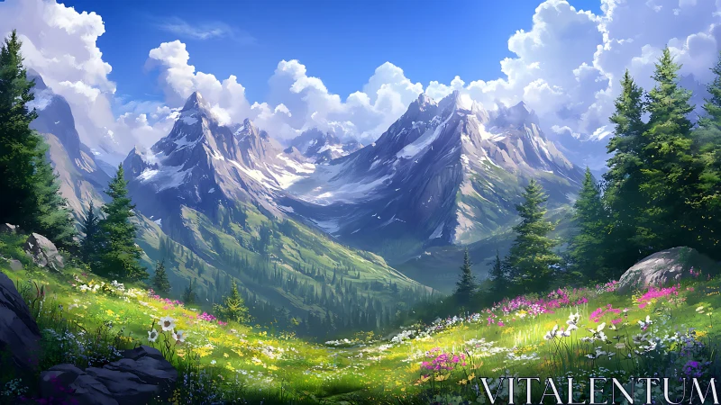 Mountain valley shows wildflower meadow under bright daylight