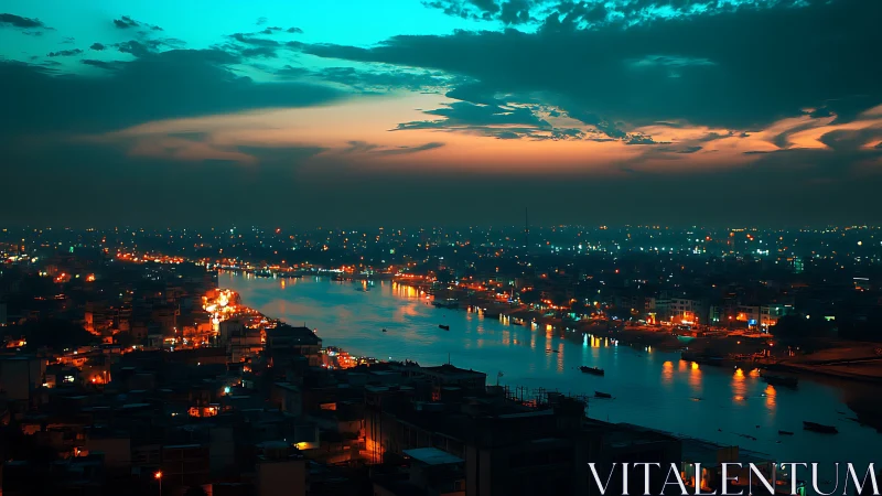 Teal dusk skyline reflects across illuminated river corridor