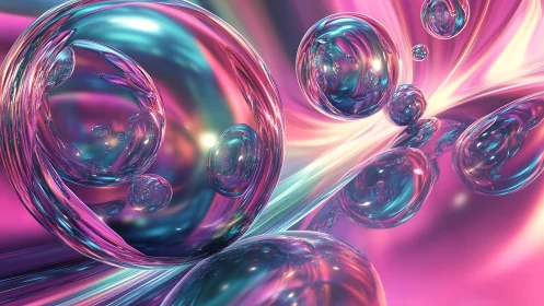 3D iridescent spheres in dynamic neon liquid glass space.