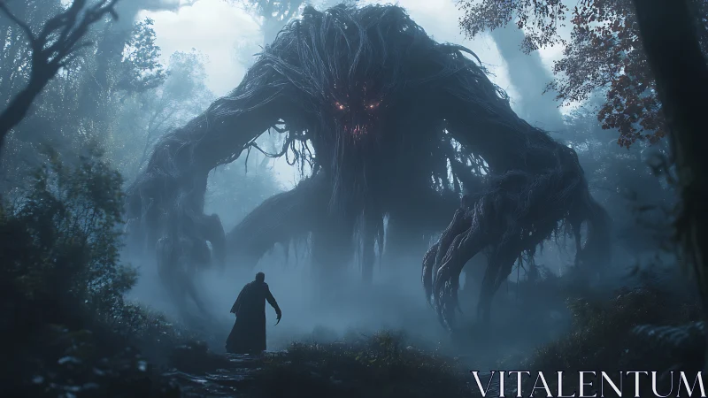 Giant forest monster confronts lone cloaked wanderer.