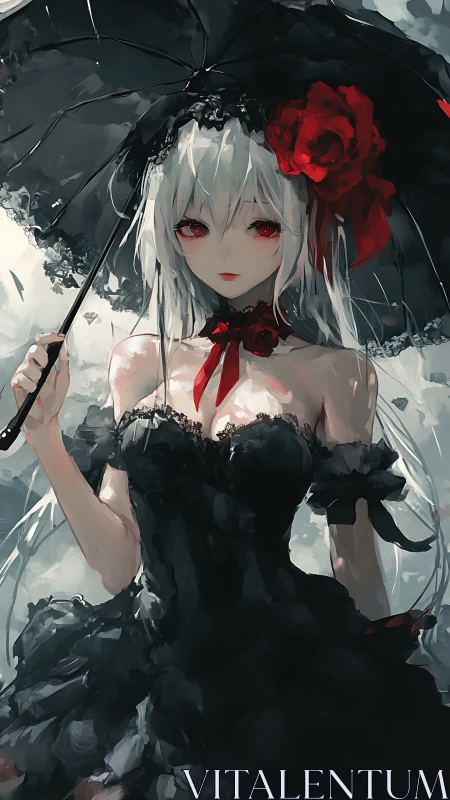 Crimson-eyed gothic girl under storm-dark parasol of roses.