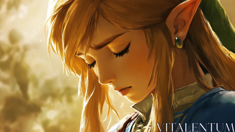 Elf warrior lowers gaze under warm backlit sunlight