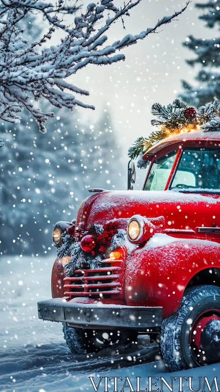Red vintage truck in snowy winter landscape with pine decor.