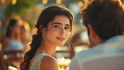 Sunlit café portrait of woman turning toward companion.
