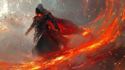 Hooded fire mage commands swirling lava vortex in battle.