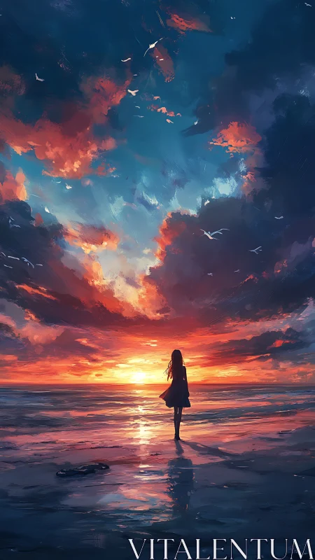 Silhouette observing vivid seascape under expansive sunset sky.