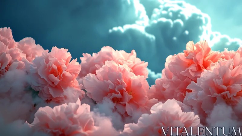 Pink Peonies in Dramatic Turquoise Cloudscape Surrealism.