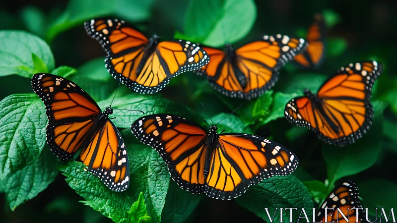 Cluster of monarch butterflies on green foliage surface.