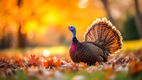 Proud wild turkey strolling through glowing autumn light.