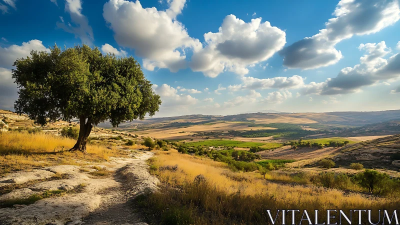 Isolated tree beside rocky path in open rural landscape.