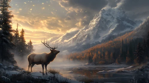 Elk standing by river under sunrise in alpine valley.