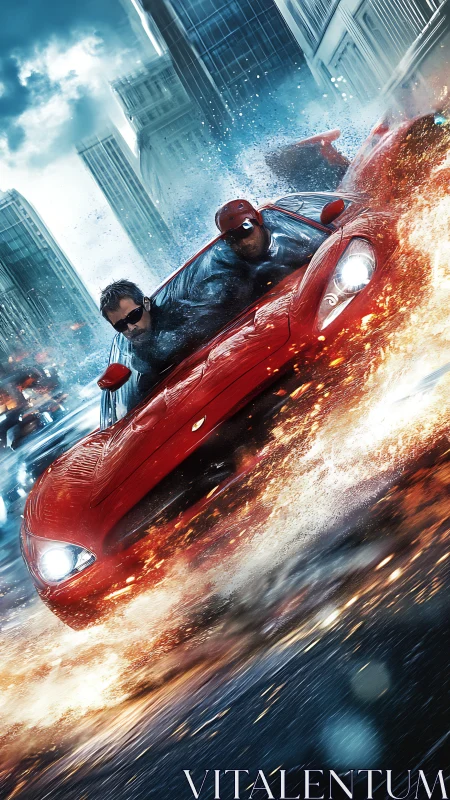 Red supercar drifts through fiery city streets in the rain