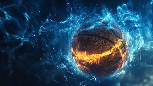 Ignited basketball engulfed by swirling electric waterburst.