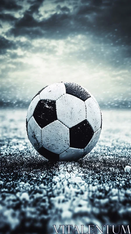 Snow-dusted soccer ball on frosty pitch at twilight.