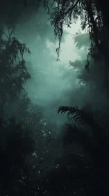 Emerald Jungle Canopy: Mystical Forest Atmosphere Through Verdant Mist.