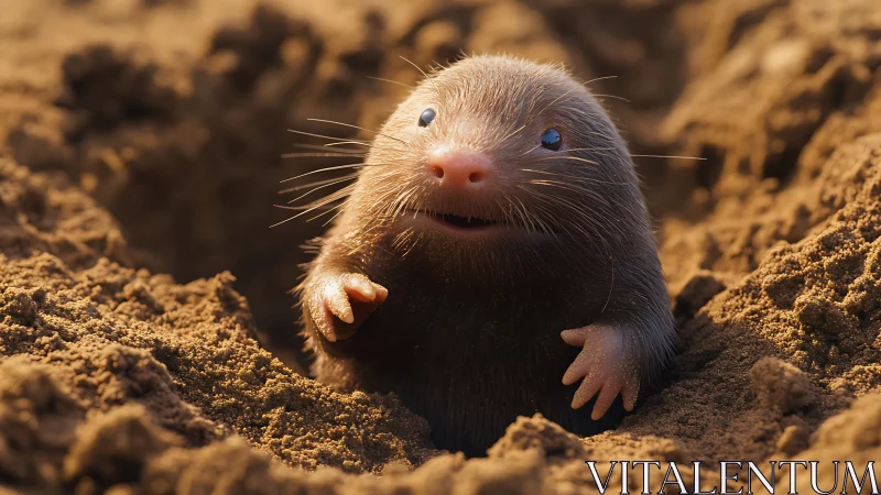 Small burrowing mammal emerging from soil tunnel opening.