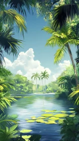 Lily-laced jungle river dreaming under tall twin palms.