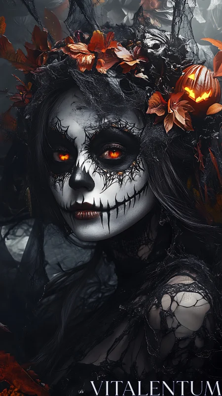 Gothic skull-painted woman with fiery eyes and autumn crown.