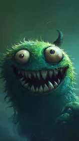 Bright-eyed fuzzy monster grinning in teal shadows.