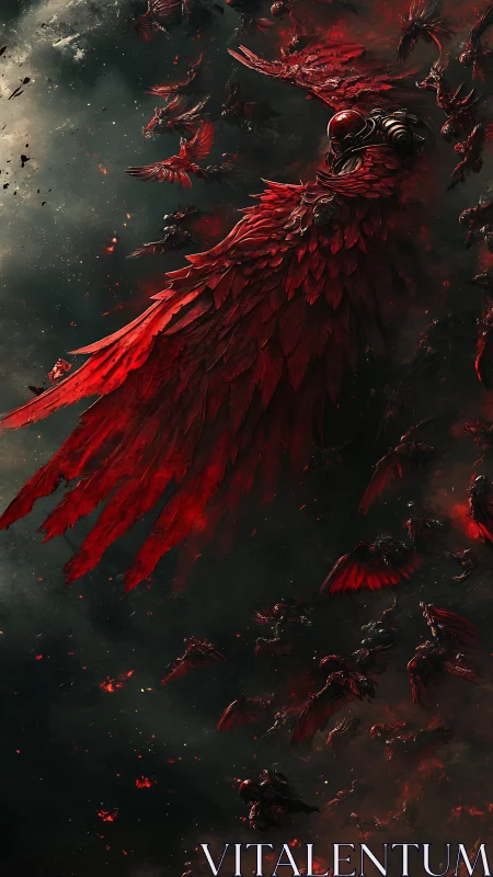 Red mechanical winged forms in dense dark atmospheric field.