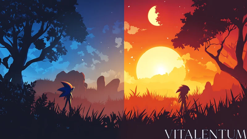 Silhouetted hedgehog figures in split dusk and dawn scene.