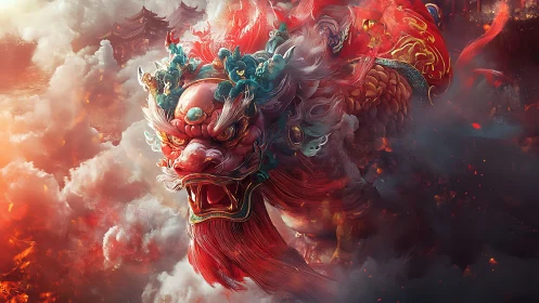 Mythic fire lion guardian roars through stormlit crimson clouds