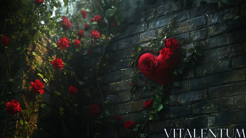 Crimson roses climb weathered stone in Gothic garden heart.