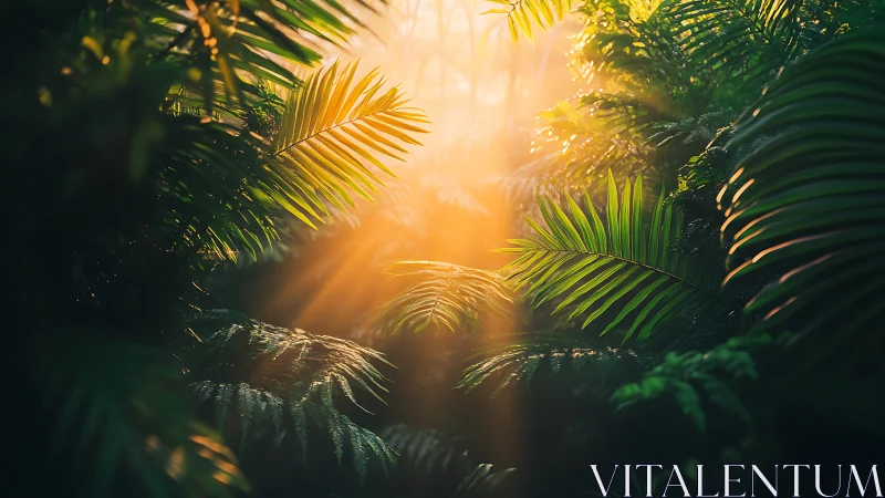 Sunlit jungle fronds catch warm rays through dense canopy