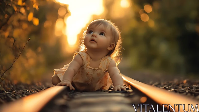 Toddler on Railway at Golden Hour Sunset.