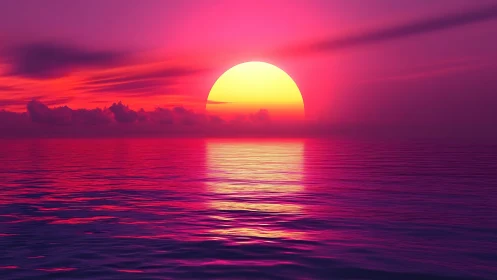 Vivid magenta seascape with low sun on distant horizon.