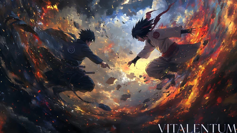 Clashing warriors suspended in swirling celestial firestorm.