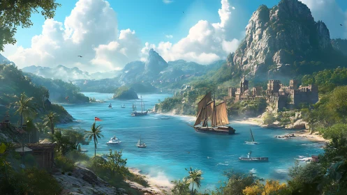 Medieval Coastal Castle Harbor: Dramatic Peaks, Turquoise Waters, Renaissance Architecture.