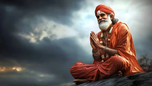 Digital rendering of seated Hindu sage in orange robes at dusk
