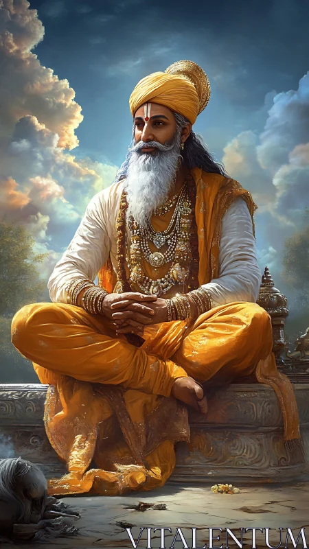 Sunlit sage in saffron robes quietly crowns the morning sky