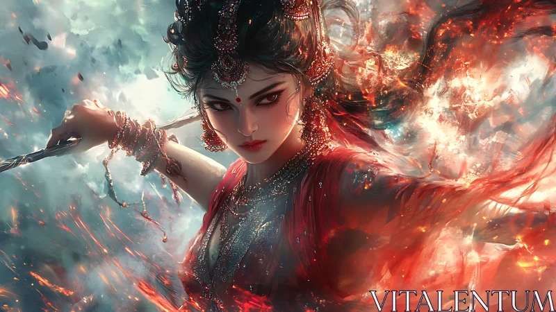 Fiery warrior woman in red lunges forward through embers