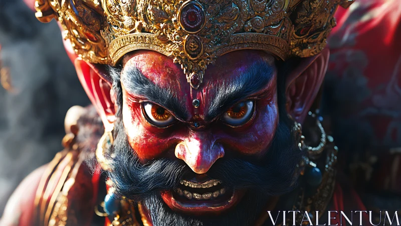 Digital rendering depicts ornate red-faced mythic figure
