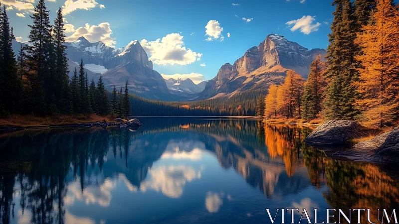 Mountain lake reflects autumn forest and distant peaks clearly
