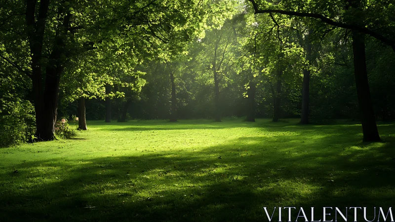 Sunlit Forest Clearing with Ancient Trees and Verdant Grass.