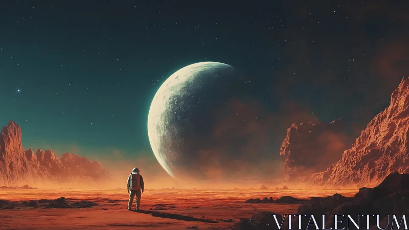 Digital painting of lone astronaut on alien desert worldscape.